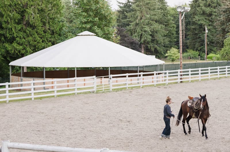 A covered round pen, with Lili and a horse in the arena beyond